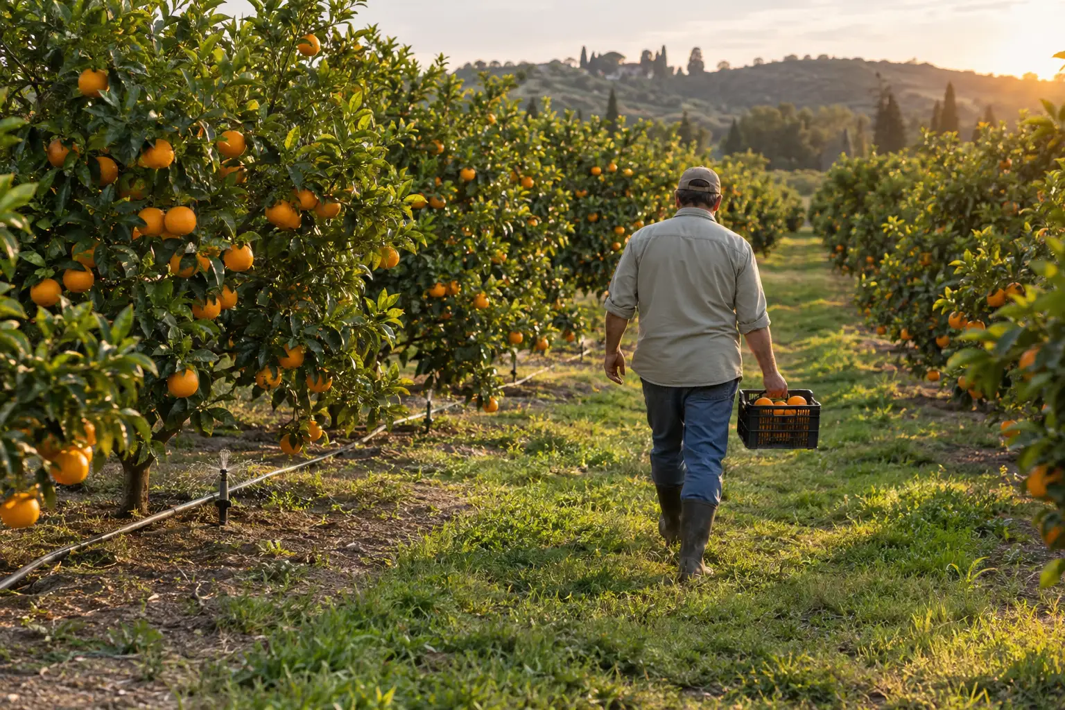 Grower carrying a harvest crate down a grassy row of orange trees laden with fruit, with a drip line at the tree bases