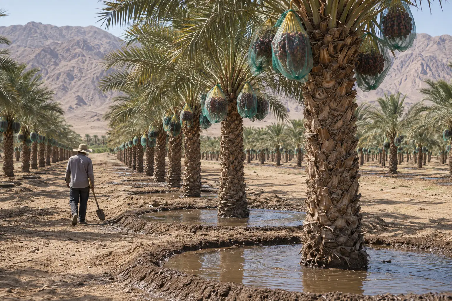 Worker with a shovel walking between rows of Medjool date palms with bagged fruit bunches and water-filled basins around the trunks