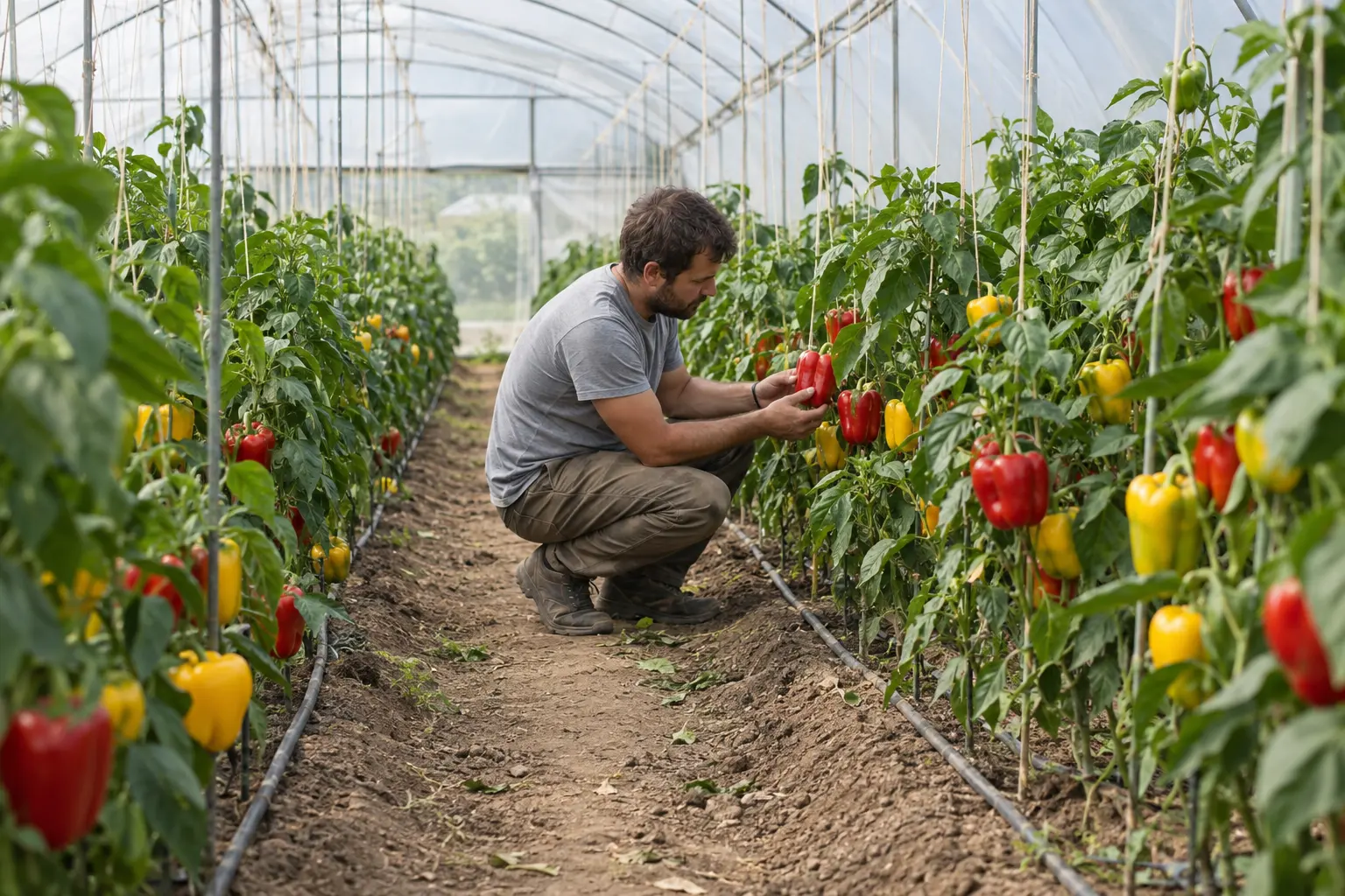 Grower crouching in a plastic greenhouse, checking red and yellow bell peppers on string-trained plants beside a drip line