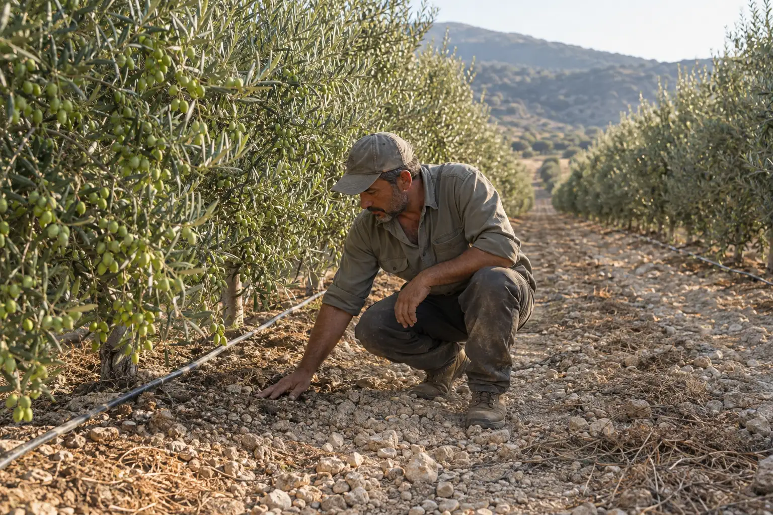 Grower crouching between hedgerow olive rows, pressing a hand into the stony soil beside a drip line