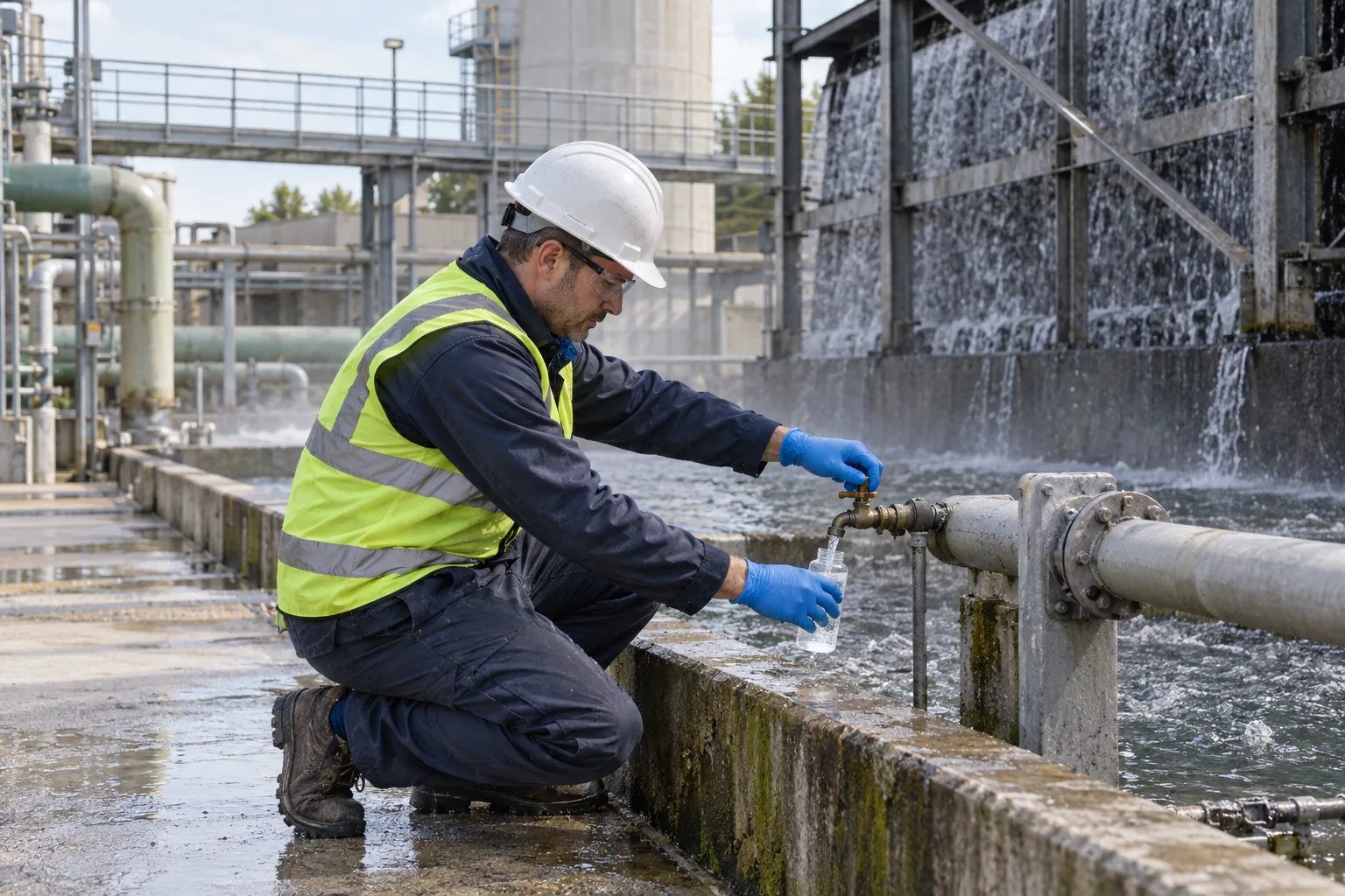 Técnico con casco y guantes azules arrodillado en el borde de una pileta de tratamiento de agua de concreto, llenando una botella de muestra transparente desde una llave en una tubería