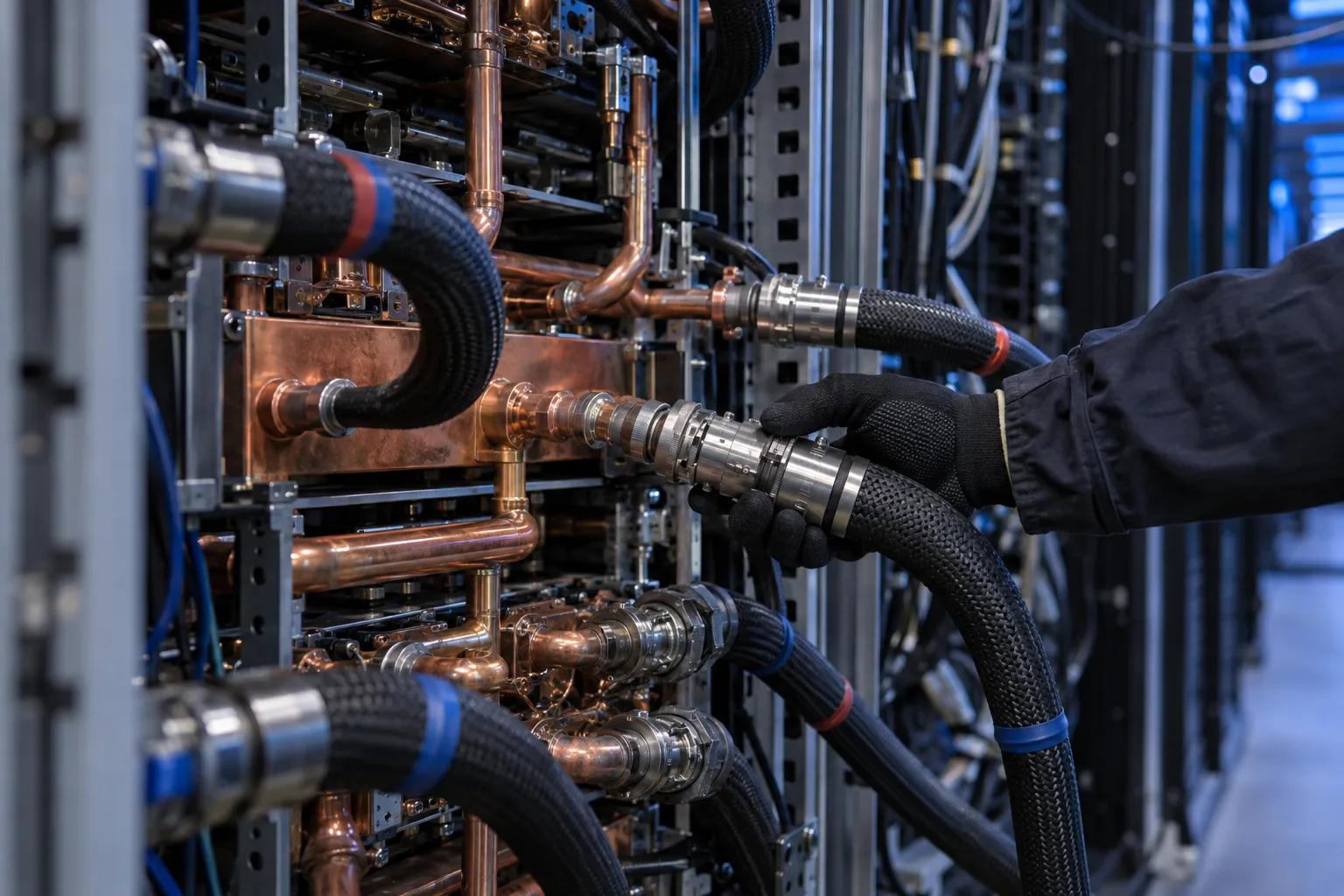 Gloved hand inspecting a stainless quick-disconnect coupling on copper cold-plate manifold pipes at the back of a server rack