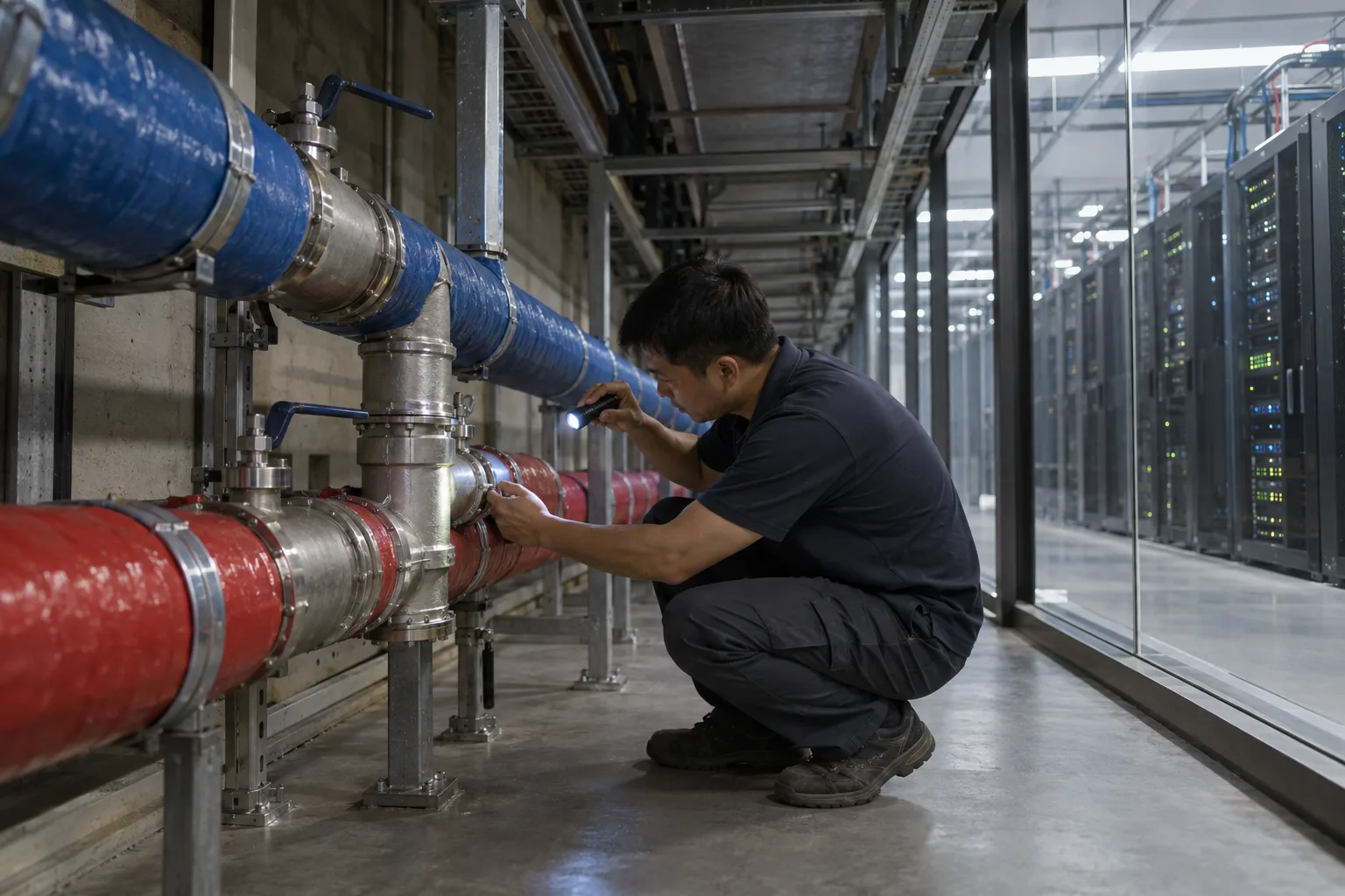 Technician with a flashlight inspecting a stainless pipe tee on insulated blue and red coolant pipes beside a glass wall of server racks