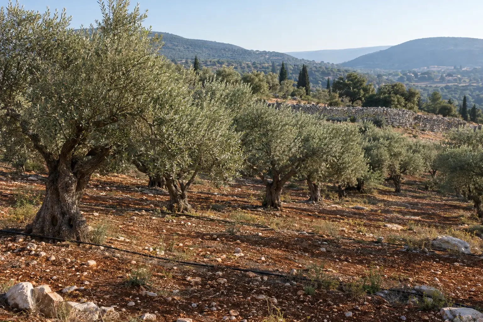 Olivar en la Alta Galilea con líneas de riego por goteo entre las hileras