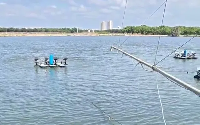Floating paddlewheel aerators running in an open earthen fish pond, with the far bank and tree line behind