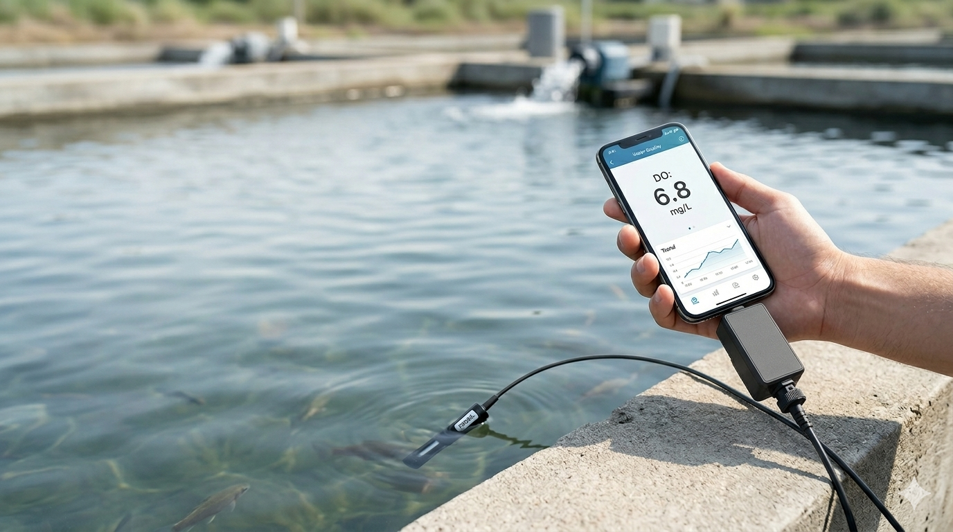 עובד מחזיק טלפון עם מתאם MobileSense של אגרינובו מחובר, קורא חמצן מומס מגשש בבריכת חקלאות מים
